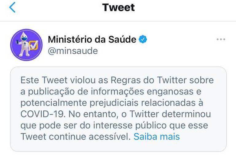 Twitter marca publicação do ministério da saúde sobre covid-19 como enganosa