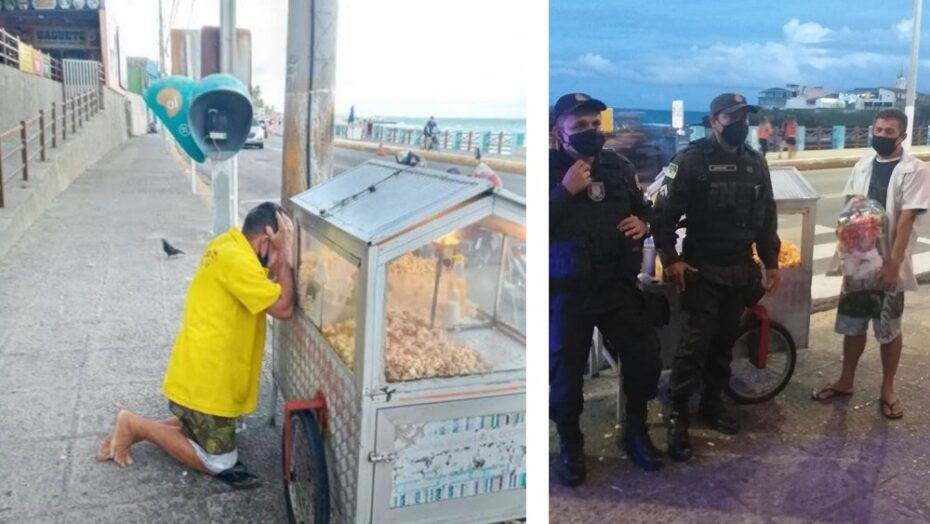 Ap&oacute;s foto de pipoqueiro chorando em praia de natal viralizar, policiais arrecadam doa&ccedil;&otilde;es para o ambulante