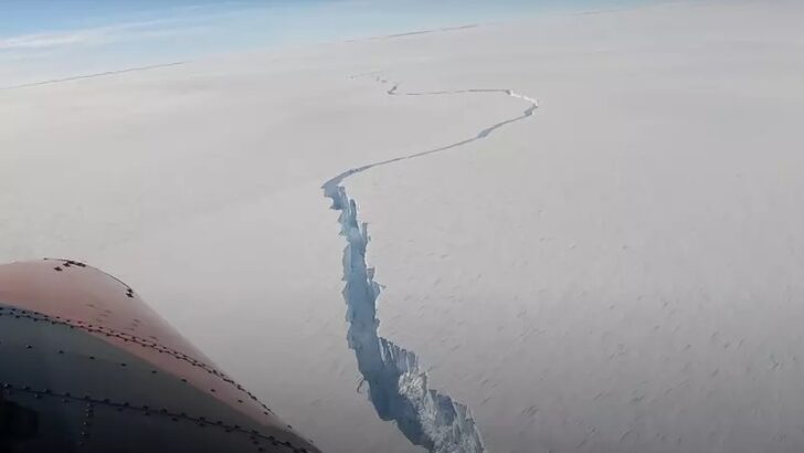 Vista aérea de uma longa fenda que corta a superfície branca de uma plataforma de gelo na Antártica