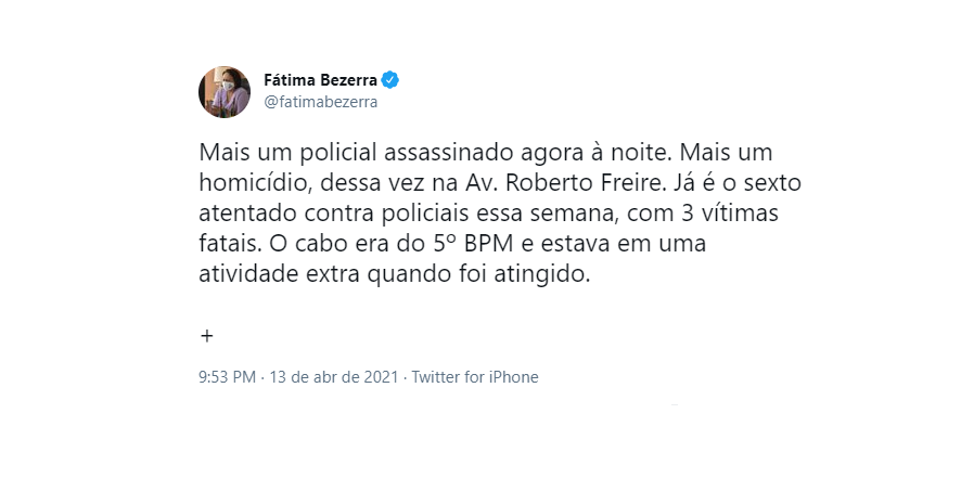 Nas redes sociais, governadora do rn diz que pm morto em natal estava fazendo &ldquo;atividade extra&rdquo;