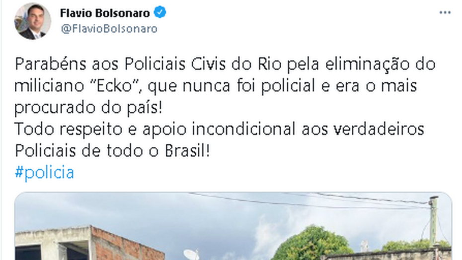 Flávio bolsonaro parabeniza polícia civil por ‘eliminação do miliciano ecko’