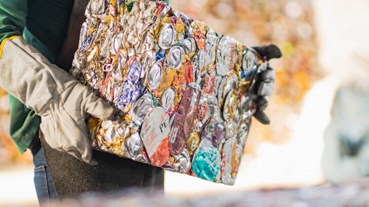 Trabalhador carrega um fardo prensado de latas e embalagens recicláveis