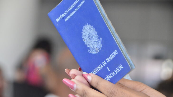 Pessoa segura uma carteira de trabalho azul diante da câmera