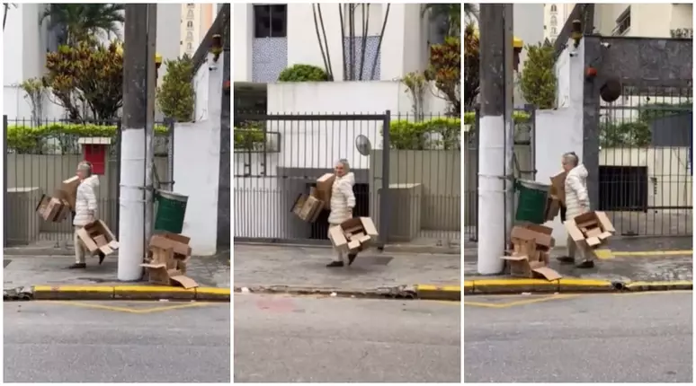 A atriz e agora artista visual Regina Duarte durante sua busca por material de trabalho nas ruas de São Paulo. Foto: Reprodução.