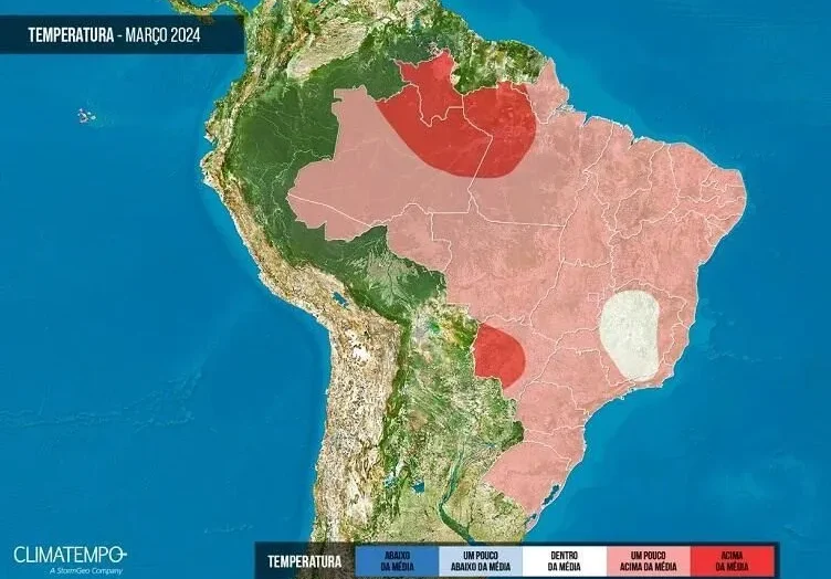 Previsão de temperatura para março de 2024: calor predomina no país. Reprodução: Climatempo