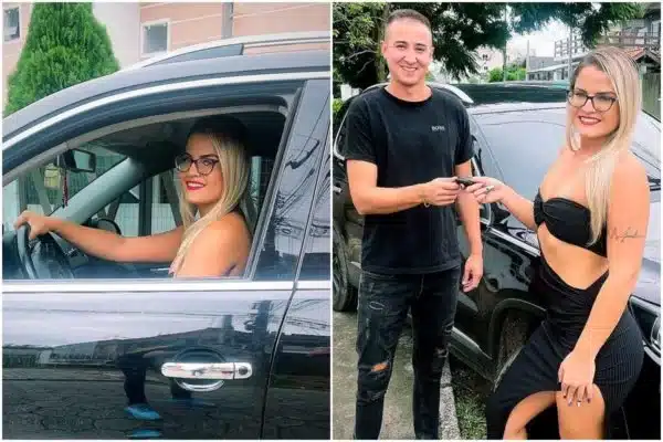 Mulher recebendo o carro de presente do marido / Foto: redes sociais