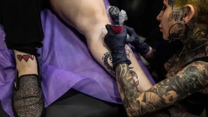 A tatuadora Alexandra Fische tatua a perna de um homem no Dallas Tattoo Festival, no Texas - / Foto: ANDREW CABALLERO-REYNOLDS - 2.jun.2024/AFP