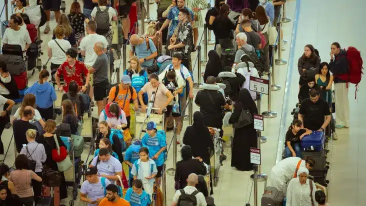 Filas de passageiros esperam na fila no Aeroporto de Suvarnabhumi em razão de uma falha cibernética global causada por uma interrupção da Microsoft e um problema de TI da CrowdStrike / Foto: Mailee Osten-Tan/Getty Images