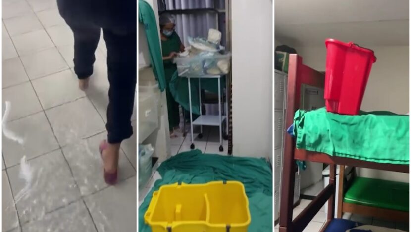 Profissionais enxugam áreas alagadas no Hospital-MateRio Grande do Norteidade Araken Pinto - Foto: Sindsaúde / Reprodução