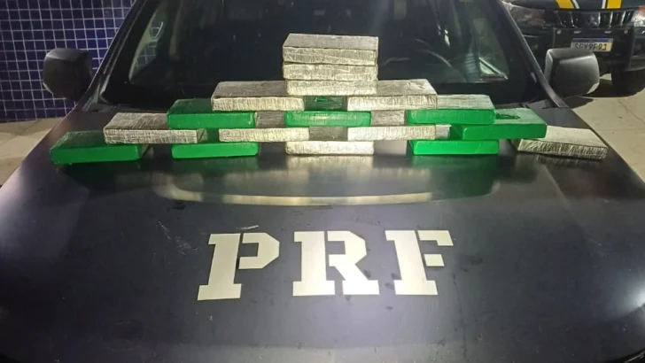 Tabletes de cocaína empilhados sobre o capô de uma viatura da PRF