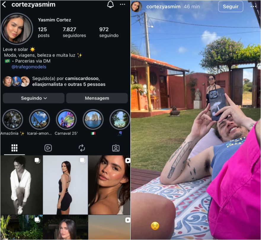 Perfil de Yasmim, suposta affair de Whindersson Nunes, e foto do artista compartilhada por ela nos stories. Foto: Reprodução