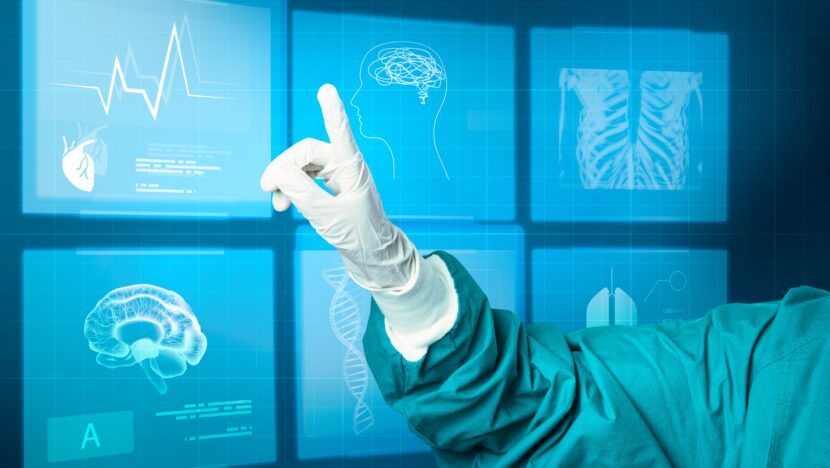 hand medical glove pointing virtual screen medical technology