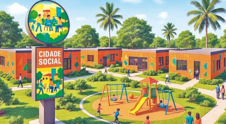 Ilustração do projeto da Cidade Social, com blocos alaranjados, playground e área verde arborizada.