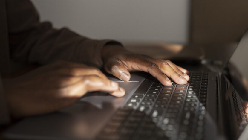 side view man ordering groceries online