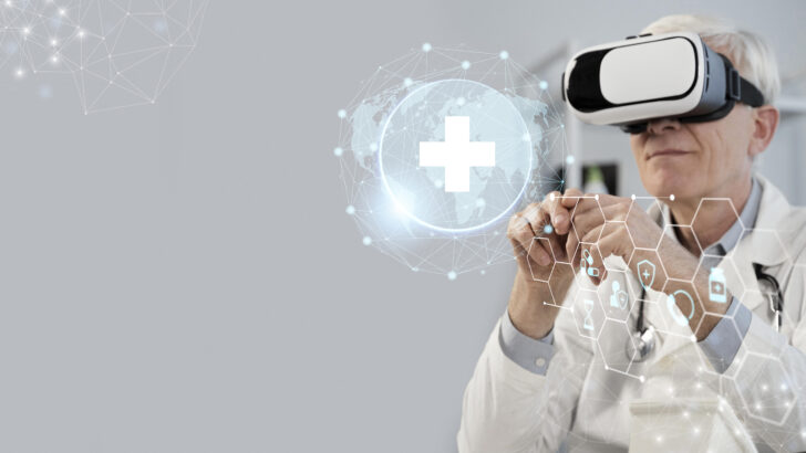 medical banner with doctor wearing vr glasses