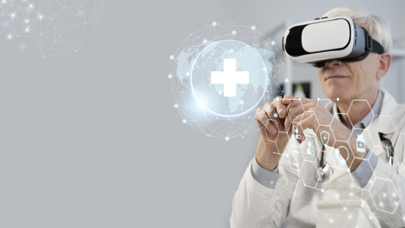 medical banner with doctor wearing vr glasses