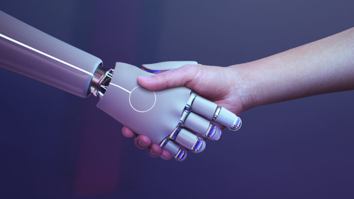 robot handshake human background futuristic digital age