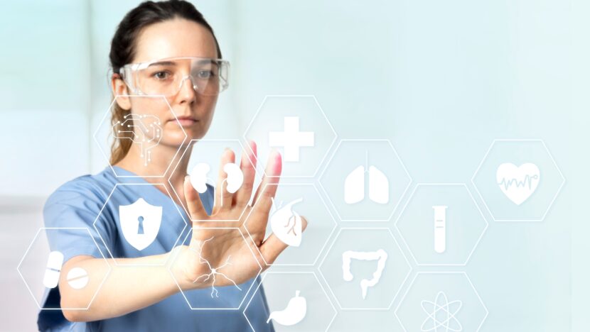 female doctor with smart glasses touching virtual screen medical technology