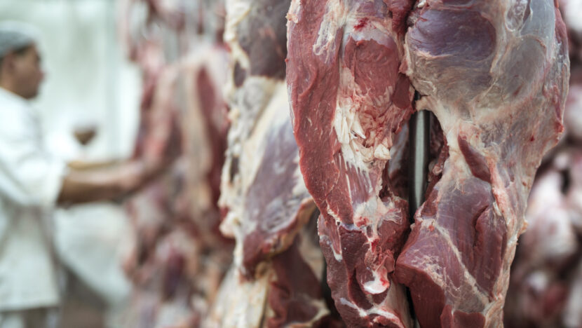 fresh red meet butchery worker working background