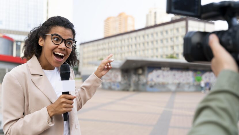 female jouRio Grande do Nortealist telling news outside