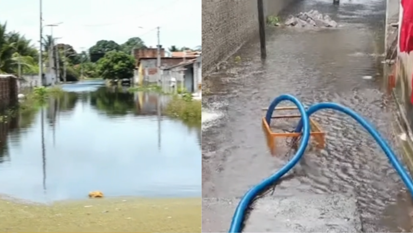 Área alagada na comunidade Cavaco Chinês, em Pajuçara, onde equipes da Prefeitura realizam operação de drenagem com bombas submersas.