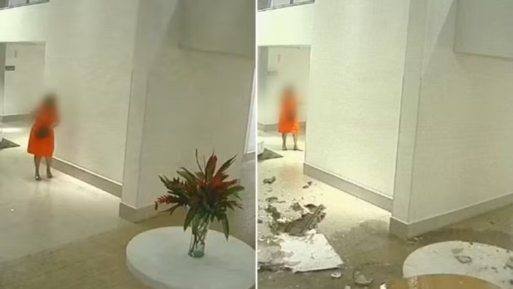 Lustre e parte do teto desabam em condomínio e quase atinge mulher em Goiânia - Foto: Reprodução/TV Anhanguera