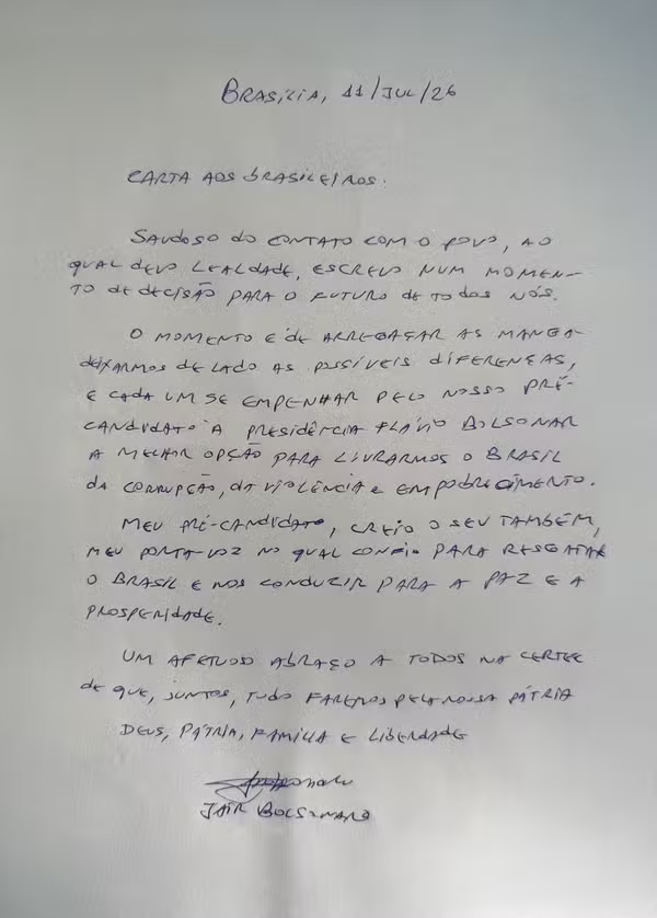Bolsonaro diz que liberdade depende da eleição de flávio e pede apoio ao filho em carta | notícias do rio grande do norte image