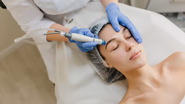vista de cima do rejuvenescimento de mulher bonita apreciando procedimentos de cosmetologia no salao de beleza dermatologia maos em brilhos azuis saude terapia botox 197531 2783