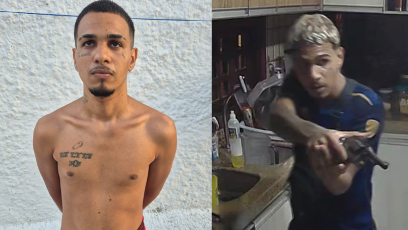 Montagem mostra Abraão Lincoln durante o assalto investigado e em passagem pela Polícia Civil