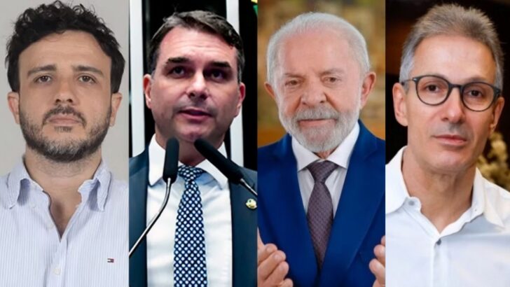 Da esquerda para a direita: Renan Santos, Flávio Bolsonaro, Luiz Inácio Lula da Silva e Romeu Zema - Foto: divulgação
