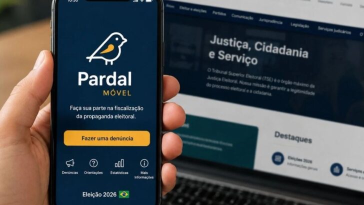 Mão segura um celular exibindo a tela do aplicativo Pardal, com o site do Tribunal Superior Eleitoral desfocado ao fundo.