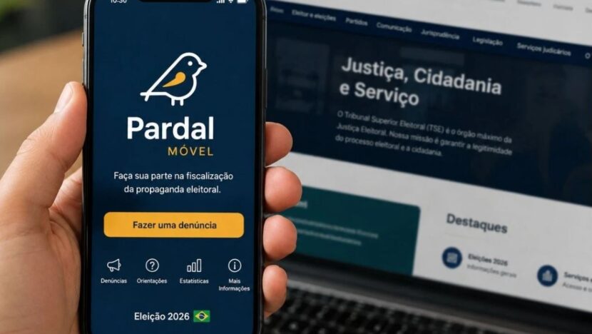 Mão segura um celular exibindo a tela do aplicativo Pardal, com o site do Tribunal Superior Eleitoral desfocado ao fundo.