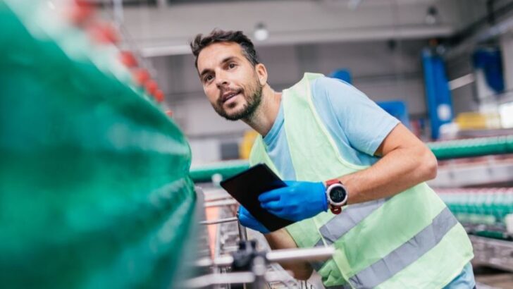 Trabalhador usa colete refletivo e luvas enquanto opera equipamento em ambiente industrial