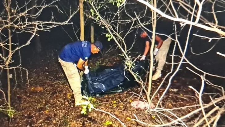 Duas pessoas retiram um corpo envolvido em material escuro de uma área de mata durante a noite