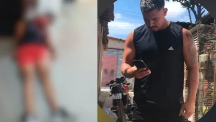 Montagem mostra imagem desfocada no interior de uma academia e, ao lado, homem de roupa preta olhando para um celular