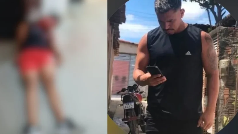 Montagem mostra imagem desfocada no interior de uma academia e, ao lado, homem de roupa preta olhando para um celular