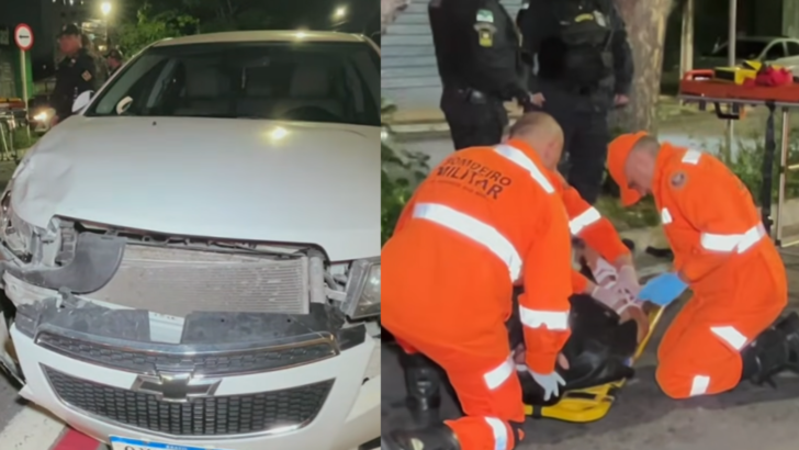 Montagem mostra carro com a dianteira danificada e equipes de resgate atendendo uma vítima após acidente de trânsito em Natal
