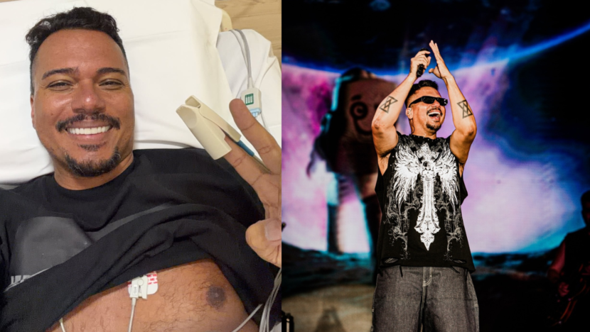 Montagem mostra Bruno Cardoso em uma cama de hospital e, depois, cantando no palco durante show do Sorriso Maroto em Natal