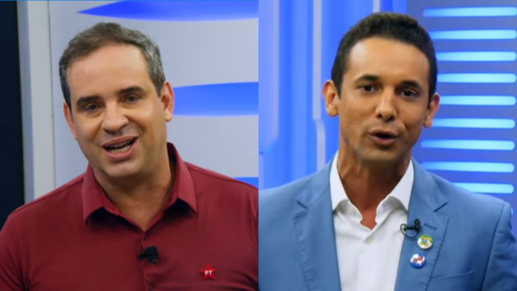 Montagem reúne Cadu Xavier, de camisa vinho, e Allyson Bezerra, de terno azul, durante o debate da Band RN