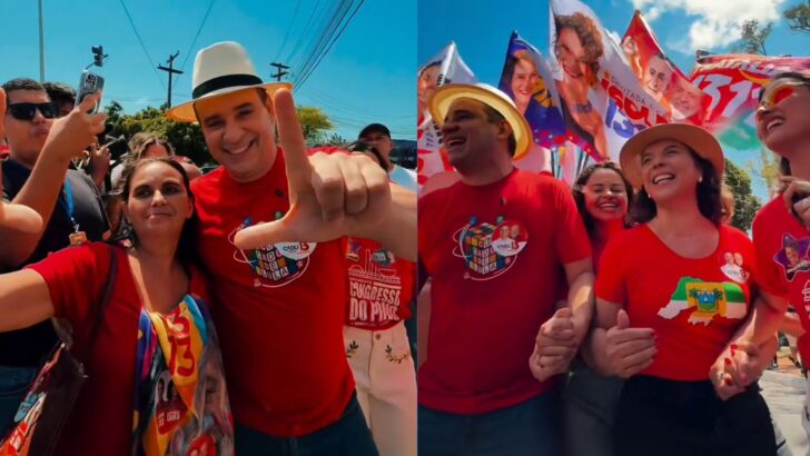 Montagem mostra Cadu Xavier com uma apoiadora e, ao lado, durante ato de campanha com Larissa Rosado e Brisa Bracchi