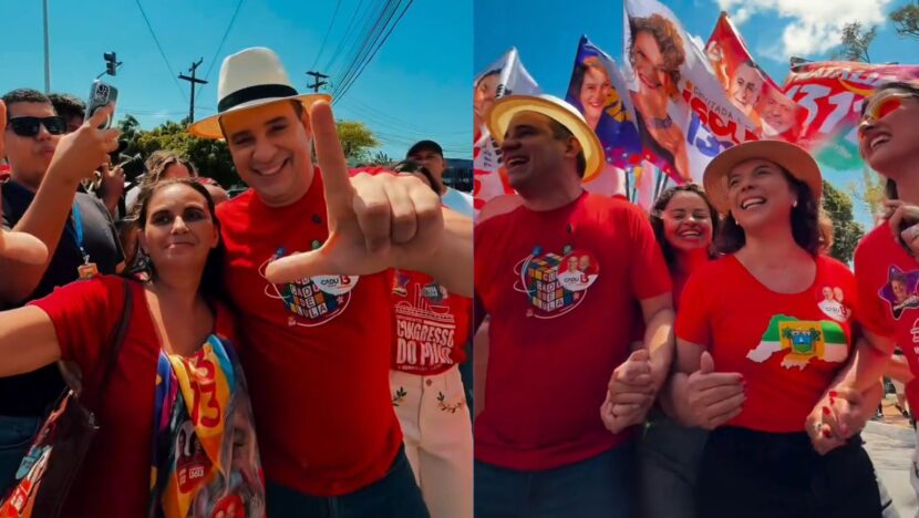 Montagem mostra Cadu Xavier com uma apoiadora e, ao lado, durante ato de campanha com Larissa Rosado e Brisa Bracchi
