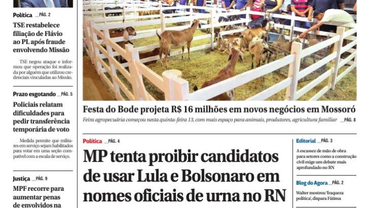 Capa da edição 2.392 do Agora RN, de 14 de agosto de 2026