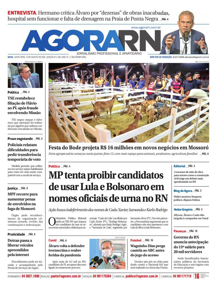 Capa da edição 2.392 do Agora RN, de 14 de agosto de 2026