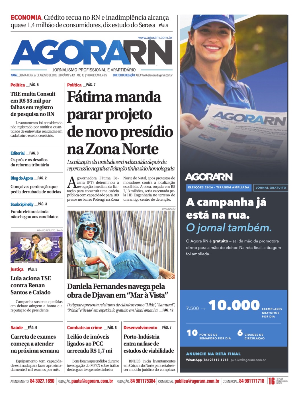 Capa do jornal Agora RN, edição 2.401, de 27 de agosto de 2026