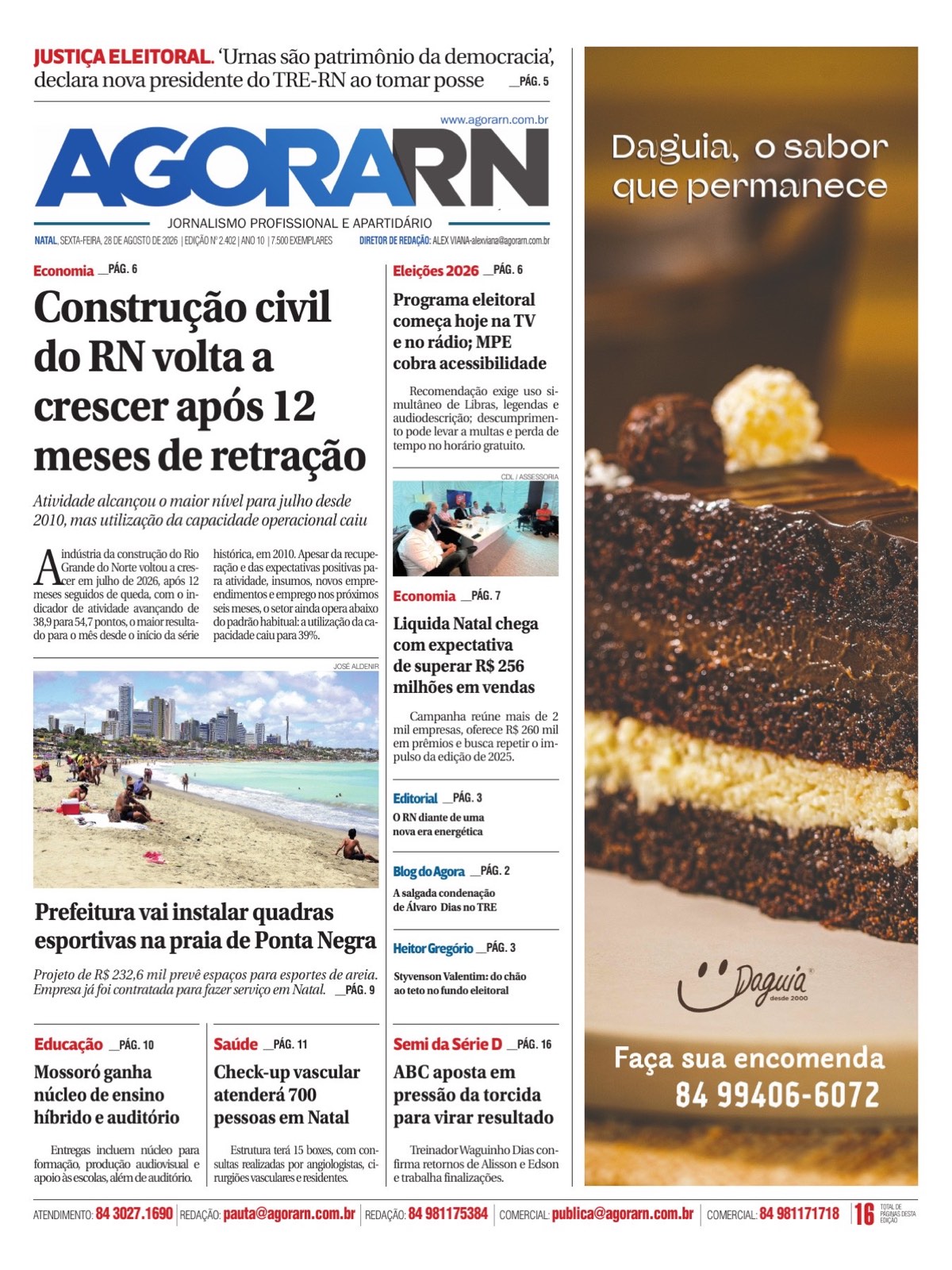 Capa do jornal Agora RN, edição 2.402, de 28 de agosto de 2026