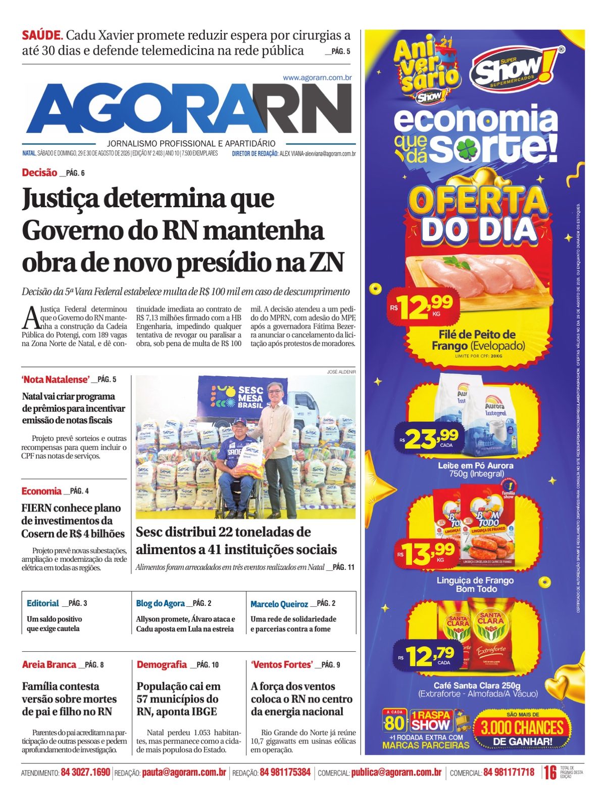 Capa do jornal Agora RN edição 2.403, de 29 e 30 de agosto de 2026