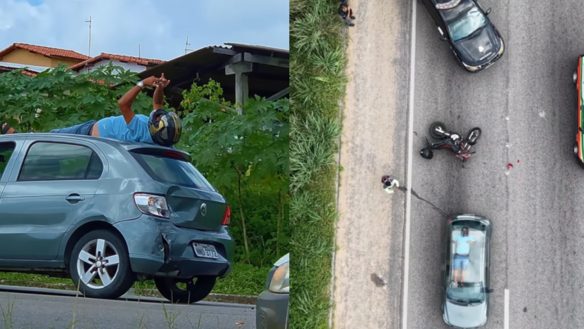 Imagem mostra Motociclista que ficou sobre o teto de um carro após colisão registrada na BR-406. - Foto: reprodução alertasaogoncalo