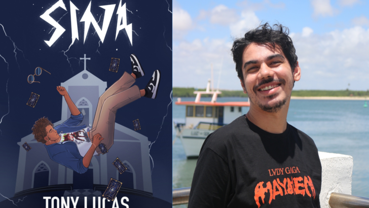 Capa do livro “Sina”, de Tony Lucas, aparece ao lado de retrato do autor em área próxima ao mar