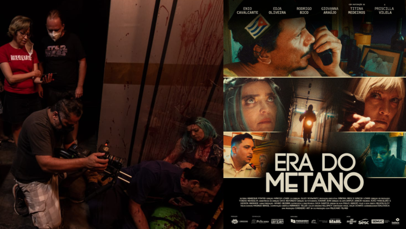 Montagem com equipe durante as filmagens de “Era do Metano” e cartaz do longa potiguar