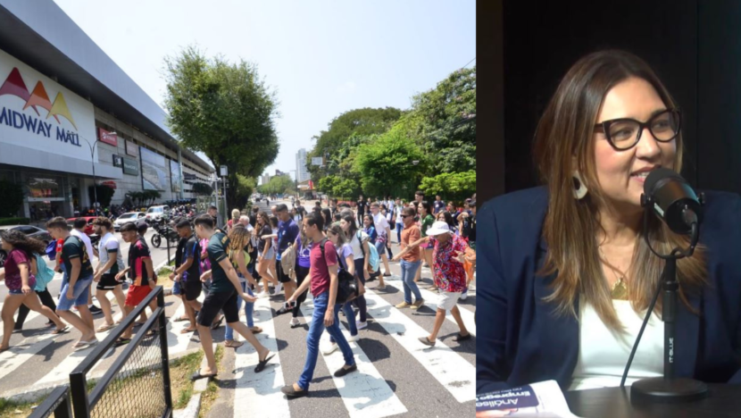 Montagem mostra movimentação de pessoas em frente ao Midway Mall, em Natal, e mulher durante entrevista em estúdio